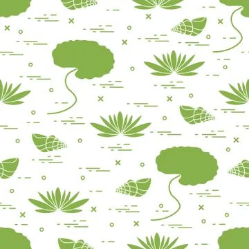 Cute seamless pattern with shells and flowers and leaves lilies. Stock Illustration