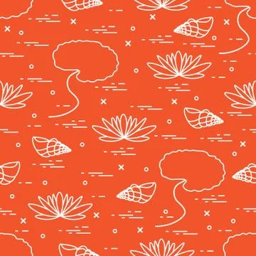 Cute seamless pattern with shells and flowers and leaves lilies. Stock Illustration