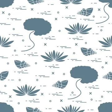 Cute seamless pattern with shells and flowers and leaves lilies. Stock Illustration