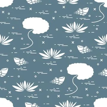 Cute seamless pattern with shells and flowers and leaves lilies. イラスト素材