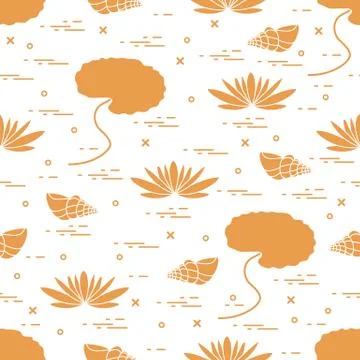 Cute seamless pattern with shells and flowers and leaves lilies. Stock Illustration