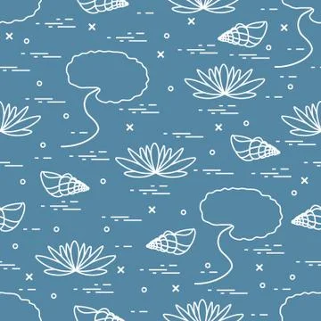 Cute seamless pattern with shells and flowers and leaves lilies. Stock Illustration