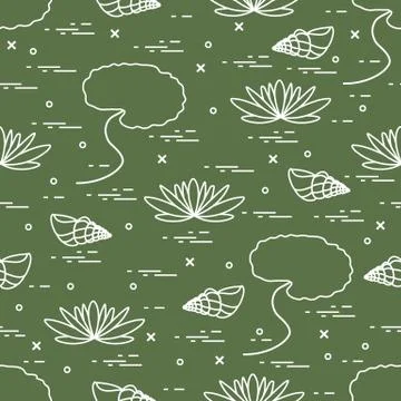 Cute seamless pattern with shells and flowers and leaves lilies. Stock Illustration