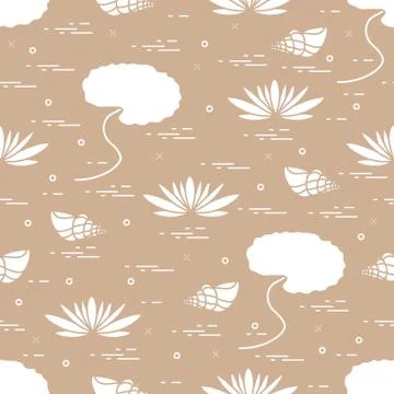 Cute seamless pattern with shells and flowers and leaves lilies. Illustrazione stock