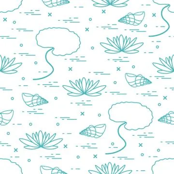 Cute seamless pattern with shells and flowers and leaves lilies. Illustrazione stock