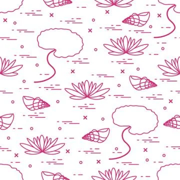 Cute seamless pattern with shells and flowers and leaves lilies. Stock Illustration