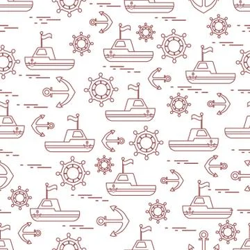 Cute seamless pattern with ships, steering wheels, anchors, flags. Marine the Stock Illustration