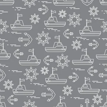 Cute seamless pattern with ships, steering wheels, anchors, flags. Marine the Stock Illustration