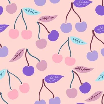 Cute seamless pattern with simple cherry elements in delicate pastel colors.. Stock Photos