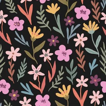 Cute seamless pattern with simple doodle floral elements. Vector hand-drawn イラスト素材