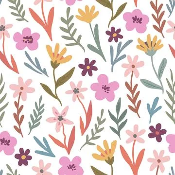 Cute seamless pattern with simple doodle floral elements. Vector hand-drawn イラスト素材