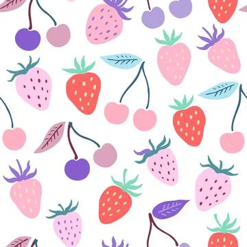 Cute seamless pattern with simple strawberry and cherry elements in delicat.. Stock-Illustration