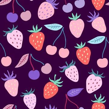Cute seamless pattern with simple strawberry and cherry elements in delicat.. 스톡 일러스트