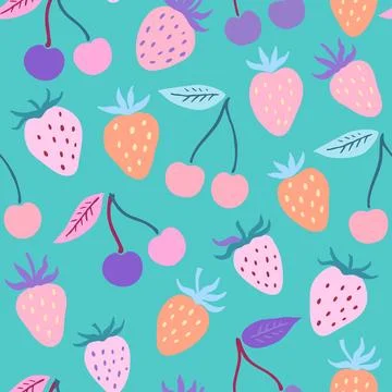 Cute seamless pattern with simple strawberry and cherry elements in delicat.. Stock Illustration