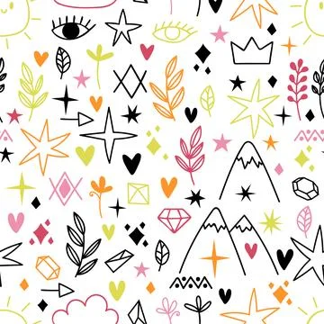 Cute seamless pattern with sketch design elements. Tattoo samples. Scandina.. Illustrazione stock