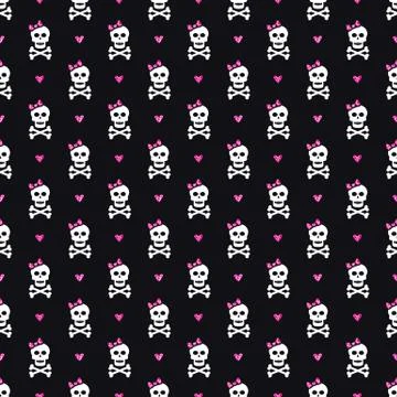 Cute seamless pattern with skulls, bows and hearts. 스톡 일러스트