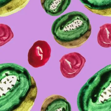 Cute seamless pattern sliced kiwi fruit and red berries watercolor pattern ma Stock Illustration