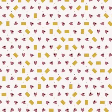 Cute seamless pattern with small pink hearts and yellow letters on white ba.. Stock Illustration