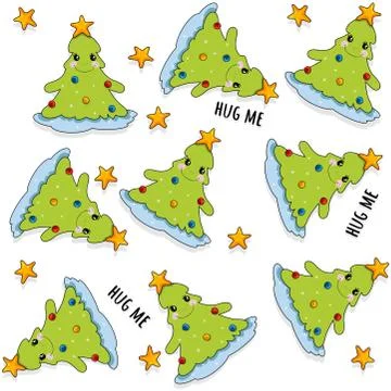Cute seamless pattern with smiling christmas tree and stars. Hug me tree wrap Stock Illustration