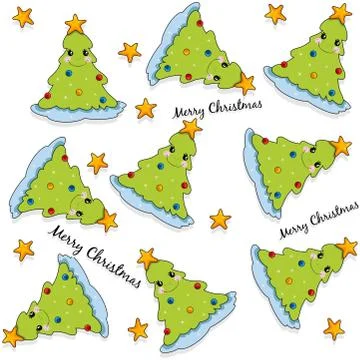 Cute seamless pattern with smiling christmas tree and stars. Merry Christmas  Illustrazione stock