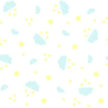 Cute seamless pattern with smiling clouds and stars on white background. desi Stock Illustration