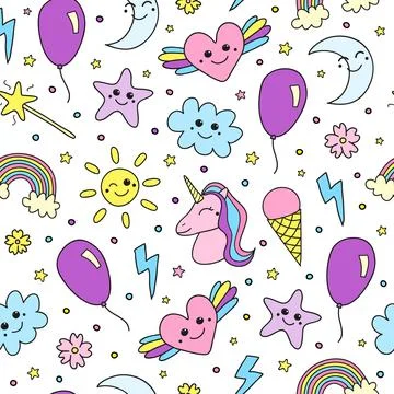 Cute seamless pattern with smily items. Stock Illustration