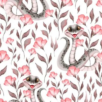 Cute seamless pattern with snakes and pink flowers. Floral illustration fo... Foto stock