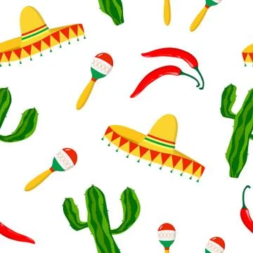 Cute seamless pattern with sombrero, chilli pepper, cactus, maracas. Stock Illustration