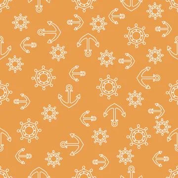 Cute seamless pattern with steering wheels and anchors. Marine theme. Stock Illustration