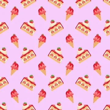 Cute Seamless Pattern with Strawberry Cake Slices and Ice Cream Cones on Pi.. Stock Illustration