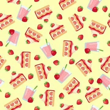 Cute Seamless Pattern with Strawberry Cake Slices and Milkshakes on Light Y.. Stock Illustration
