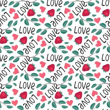 Cute seamless pattern with strawberry, hearts, word love and leaves Stock Illustration