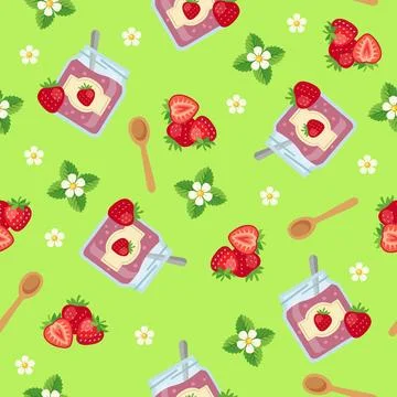 Cute Seamless Pattern with Strawberry Jam Jars, Berries and Wooden Spoons o.. Stock Illustration