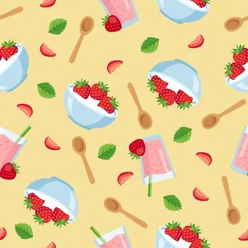 Cute Seamless Pattern with Strawberry Yogurt Bowls, Milkshakes, Berries and.. Stock Illustration