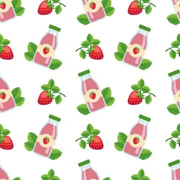 Cute Seamless Pattern with Strawberry Yogurt Bottles, Branches and Green Le.. Illustration