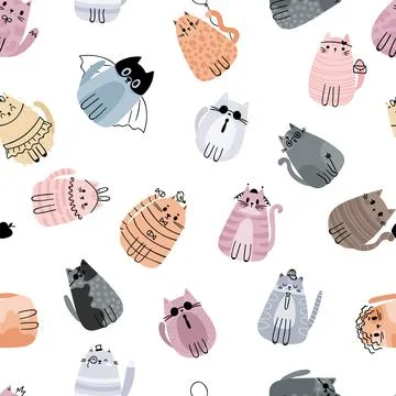 Cute seamless pattern with stylized cartoon cats. Adorable doodle character.. Stock Illustration