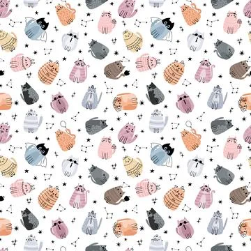 Cute seamless pattern with stylized cartoon cats. Adorable doodle character.. Stock Illustration