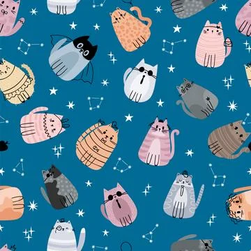 Cute seamless pattern with stylized cartoon cats. Space. Adorable doodle ch.. Stock Illustration