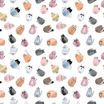 Cute seamless pattern with stylized cartoon cats. Adorable doodle character.. Stock Illustration