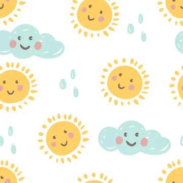Cute seamless pattern with sun clouds and raindrops Illustrazione stock