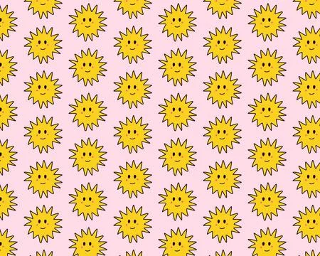 Cute seamless pattern of sun in doodle style. Funny smiley faces. Vector Stock Illustration
