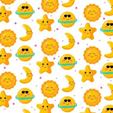 Cute seamless pattern sun, star, planet and moon design Stock Illustration