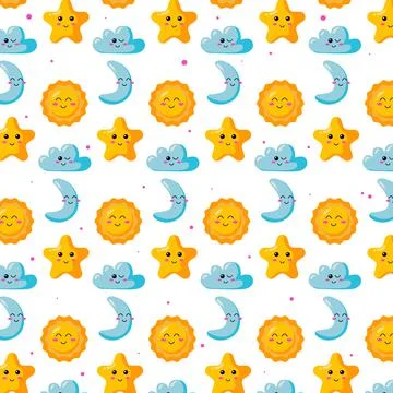 Cute seamless pattern sun, star, cloud and moon design background Stock Illustration