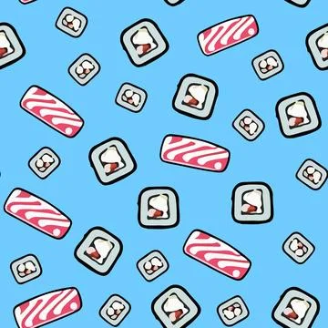 Cute seamless pattern with sushi and salmon in cartoon style. Stock Illustration