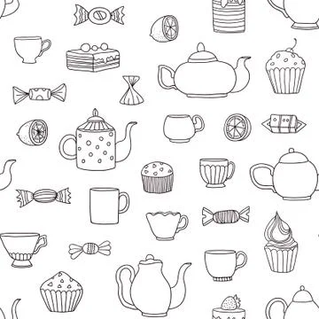 Cute seamless pattern with tea time elements Stockillustratie