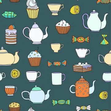 Cute seamless pattern with tea time elements Stock Illustration