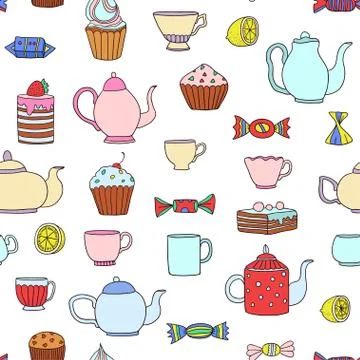Cute seamless pattern with tea time elements Stock Illustration