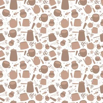 Cute seamless pattern with teacups, teapots. Coffee seamless pattern of coffe Illustrazione stock