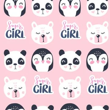 Cute seamless pattern with teddy bear, panda and penguin. Stock Illustration