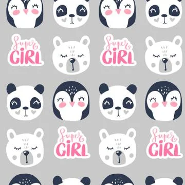 Cute seamless pattern with teddy bear, panda and penguin. Stock Illustration